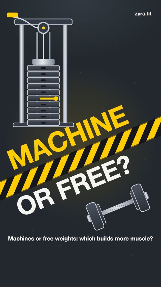 Opening frame of the Zyra film "Machines or free weights: which builds more muscle?"